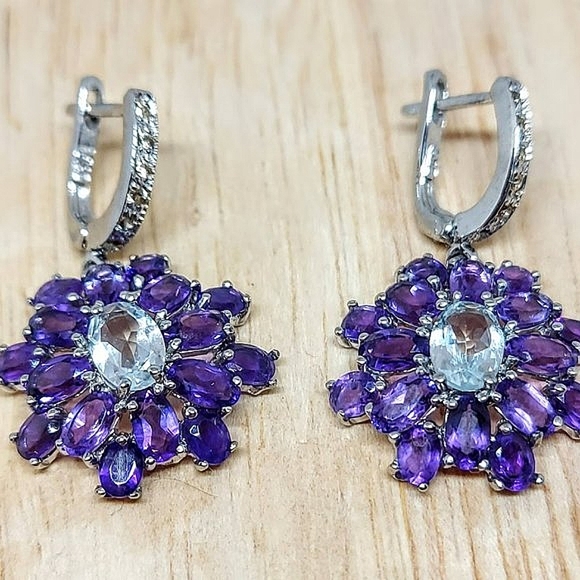 Natural Unheated‎ Aquamarine, Amethyst, Sapphire 925 Sterling Silver Earrings - Picture 5 of 8
